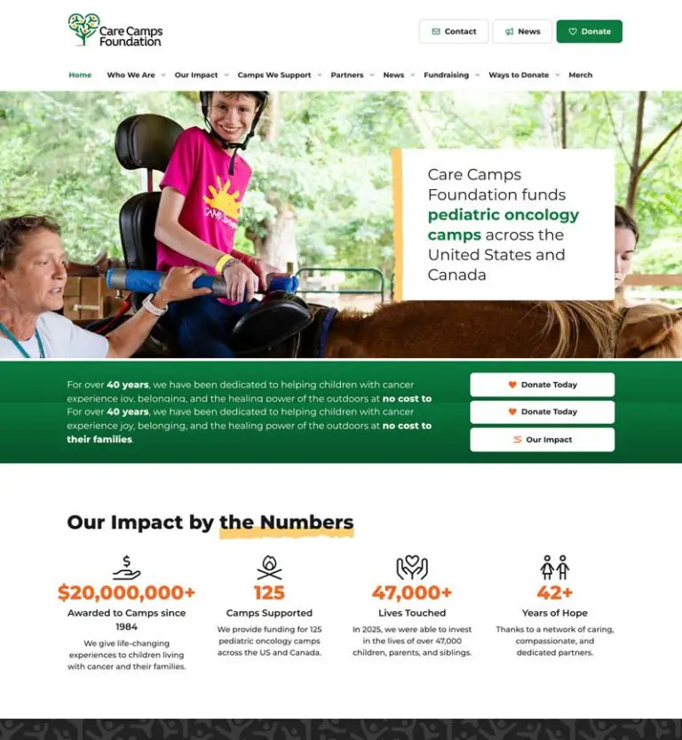 Screenshot of the newly redesigned Care Camps Foundation website, launched July 2026
