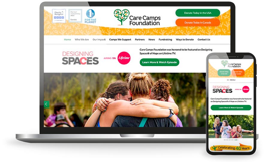 Screenshots of carecampsfoundation.org on a laptop and mobile device