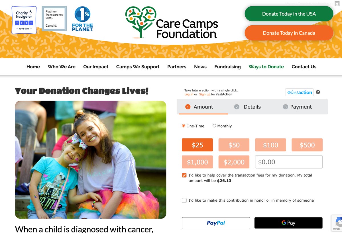Screenshot of the Care Camps Foundation donate page