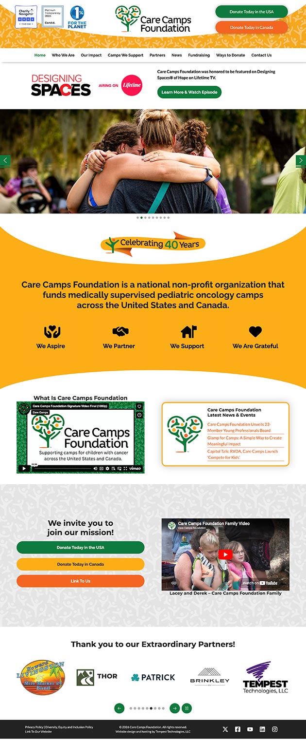 Care Camps Foundation homepage header with logos and an orange decorative banner above a large group-hug photo, inviting action buttons nearby.