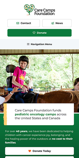 Screenshot of the mobile version of the Care Camps Foundation website, redesigned in July 2026
