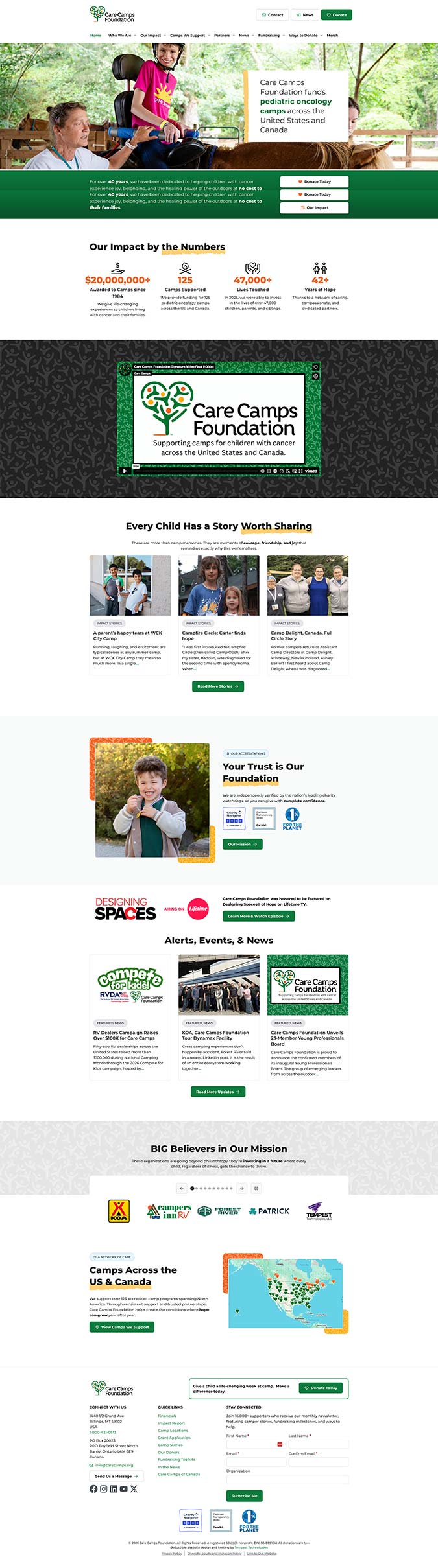 Care Camps Foundation homepage header with logos and an orange decorative banner above a large group-hug photo, inviting action buttons nearby.