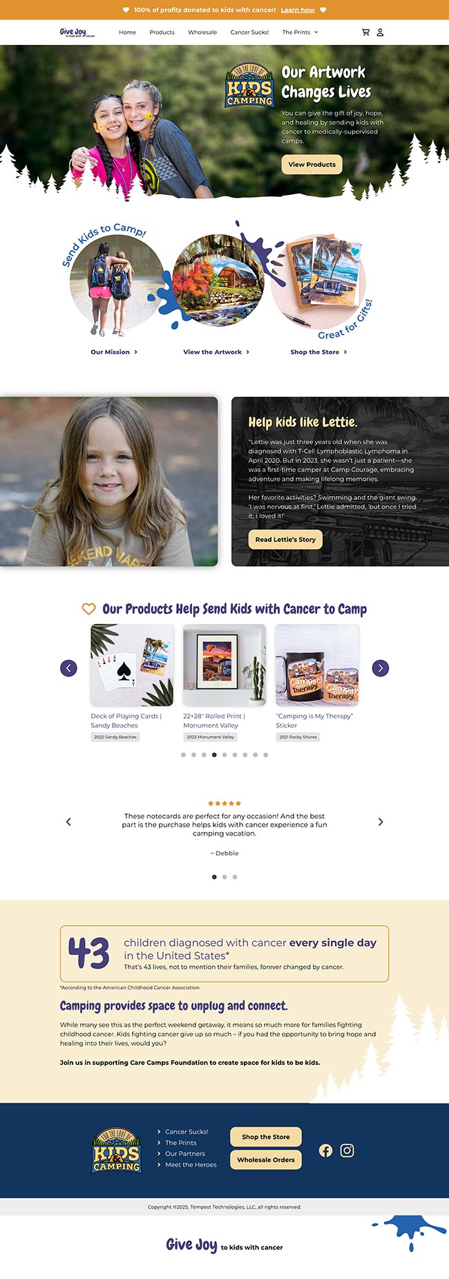Care Camps Foundation homepage header with logos and an orange decorative banner above a large group-hug photo, inviting action buttons nearby.