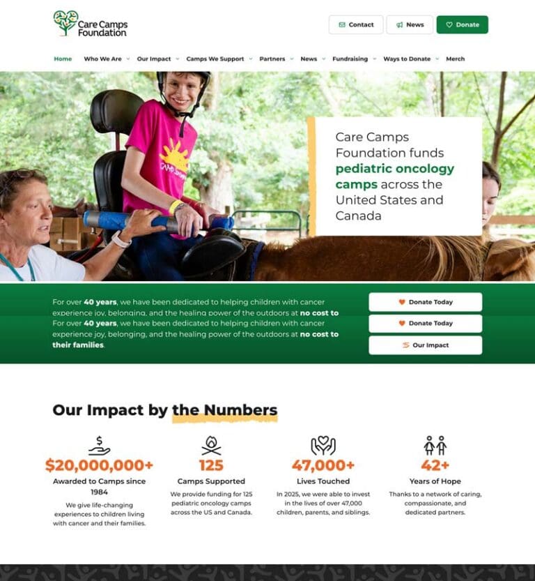 Screenshot of the newly redesigned Care Camps Foundation website, launched July 2026